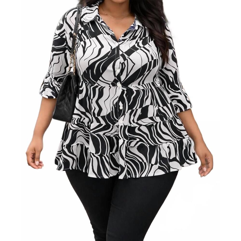 NEW UNIQUE SPECTRUM abstract print tiered blouse in black/white